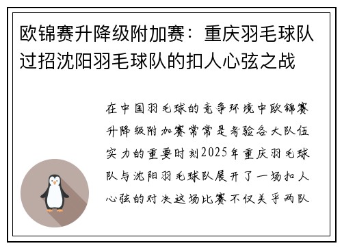 欧锦赛升降级附加赛：重庆羽毛球队过招沈阳羽毛球队的扣人心弦之战